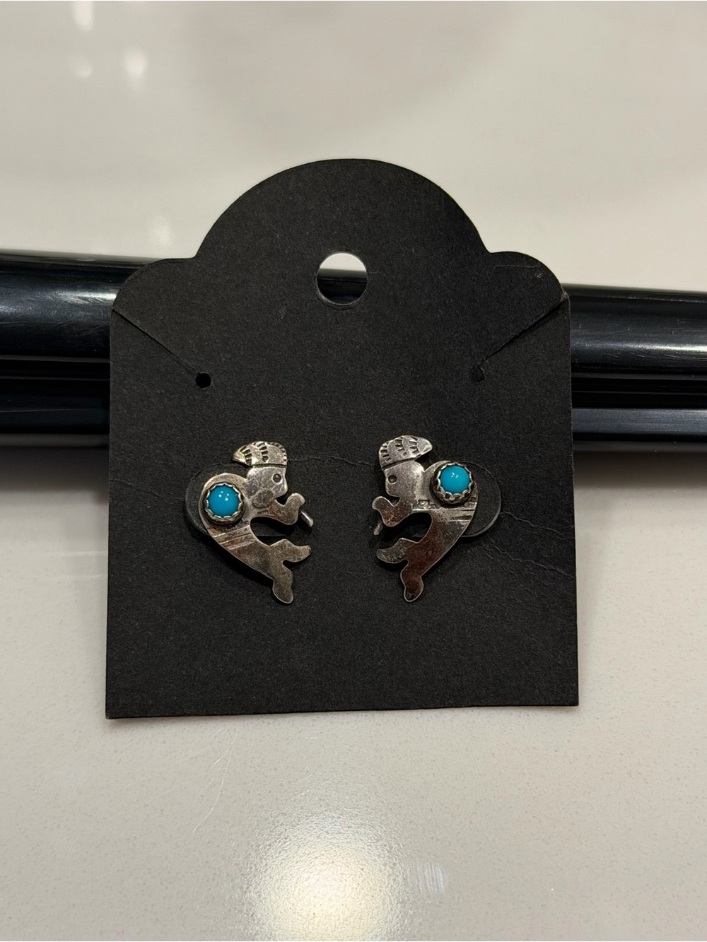 Native Kokopelli Stud Earrings with Turquoise Accent Stone
